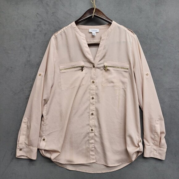 Calvin Klein Button Down Blouse Women's Size‎ Large Zippers Office Business - Picture 1 of 6